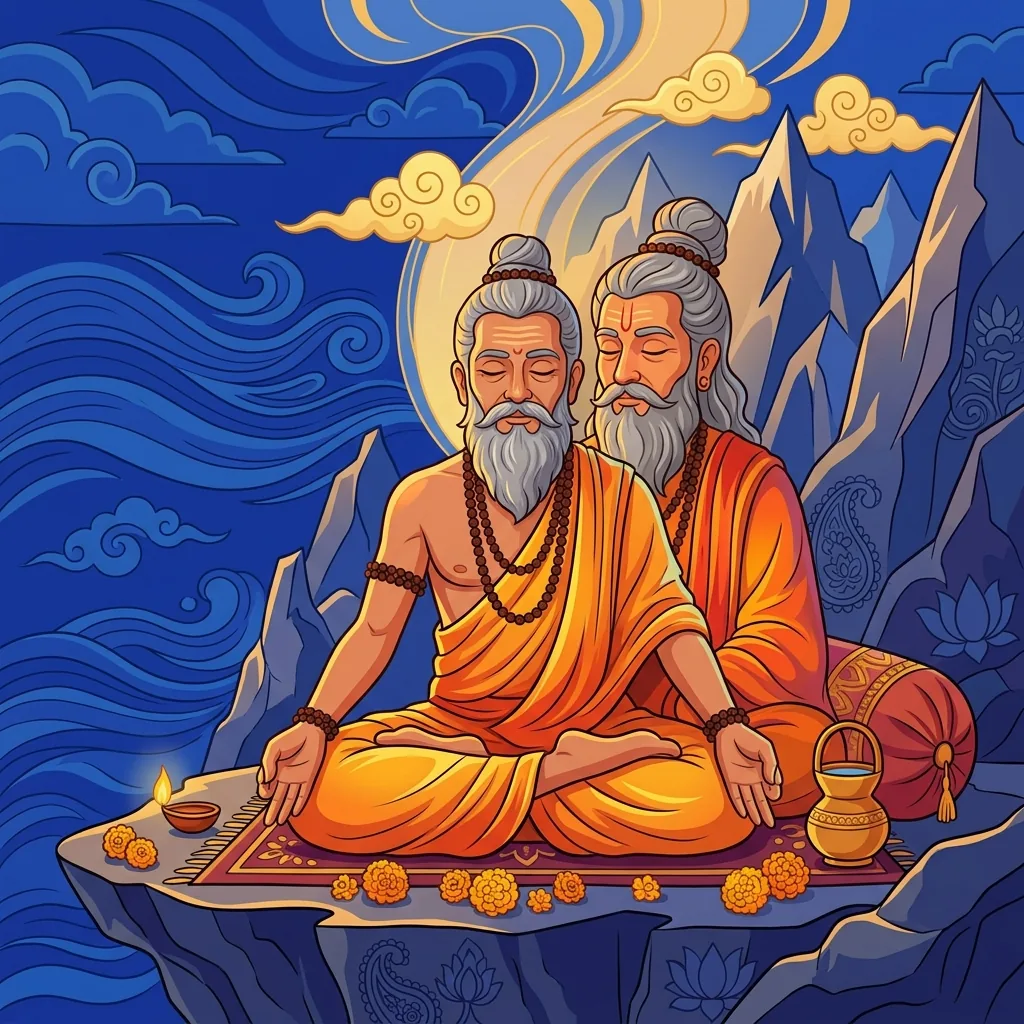 An elderly sage sits in stillness at a sacred mountain, eyes closed in profound inquiry. Morning...