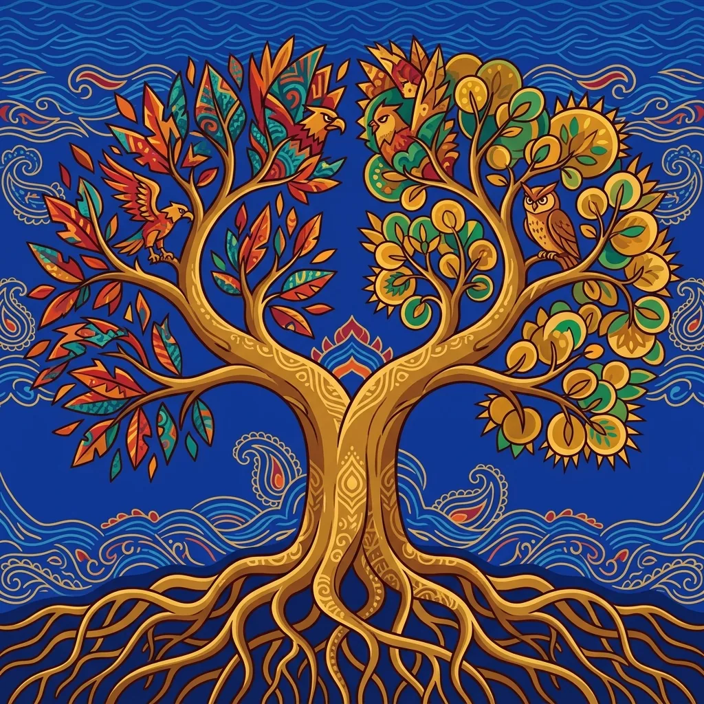 An ancient tree's trunk splits into two branches spreading opposite ways, both fed by the same ro...