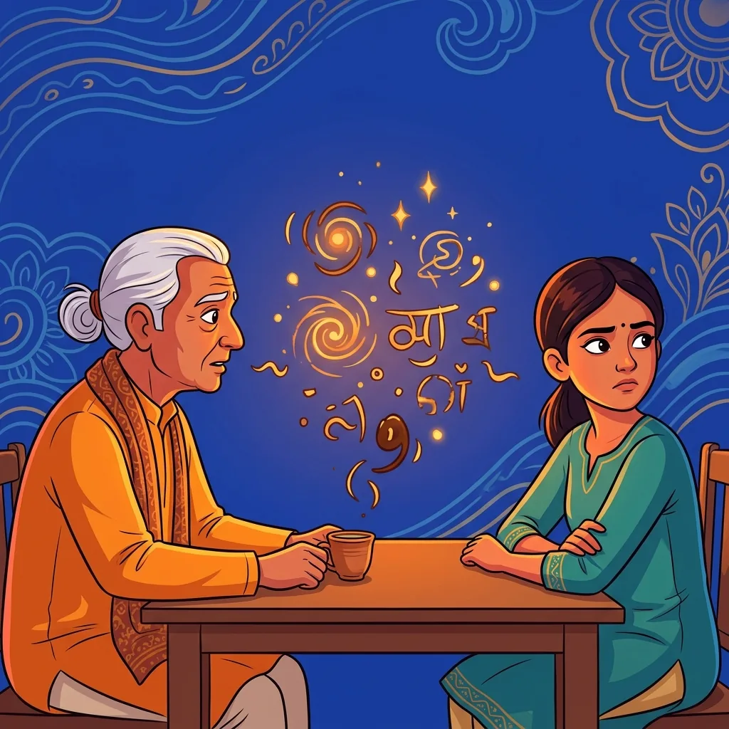 A young figure sits across a table from an elder, head turned away, lips sealed: the words that mi...