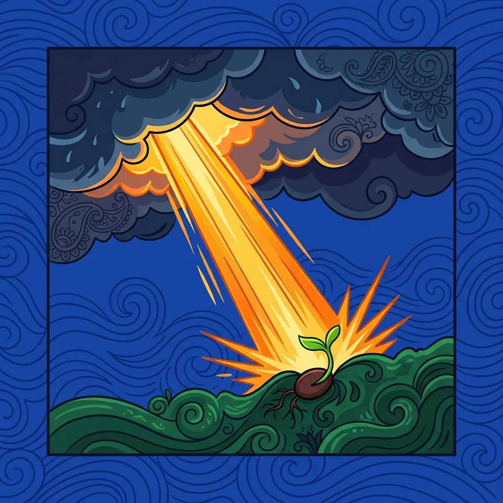 A sunray burning through monsoon clouds to reach a sprouting seed: the harsh mercy of light that d...