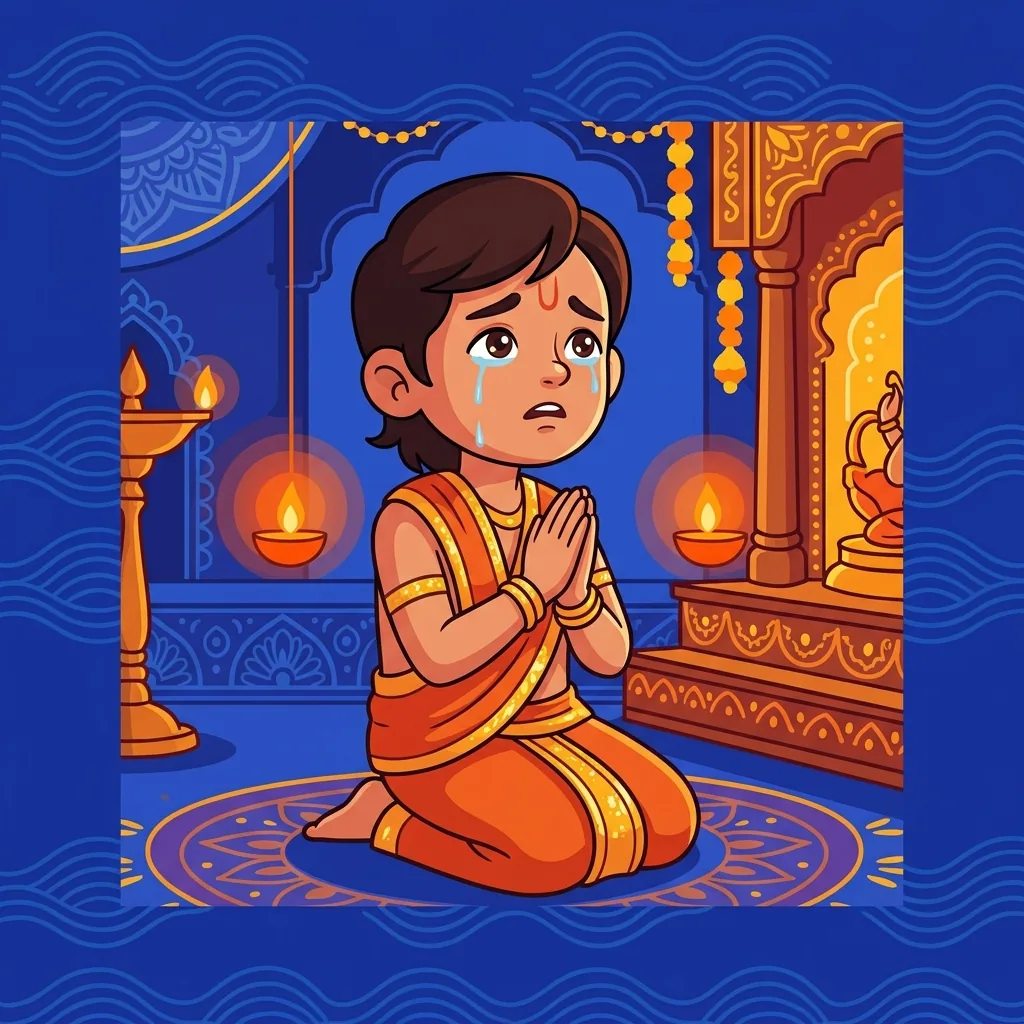 A young devotee kneels at the shrine floor, tears streaming and wonder intertwined: the moment bet...