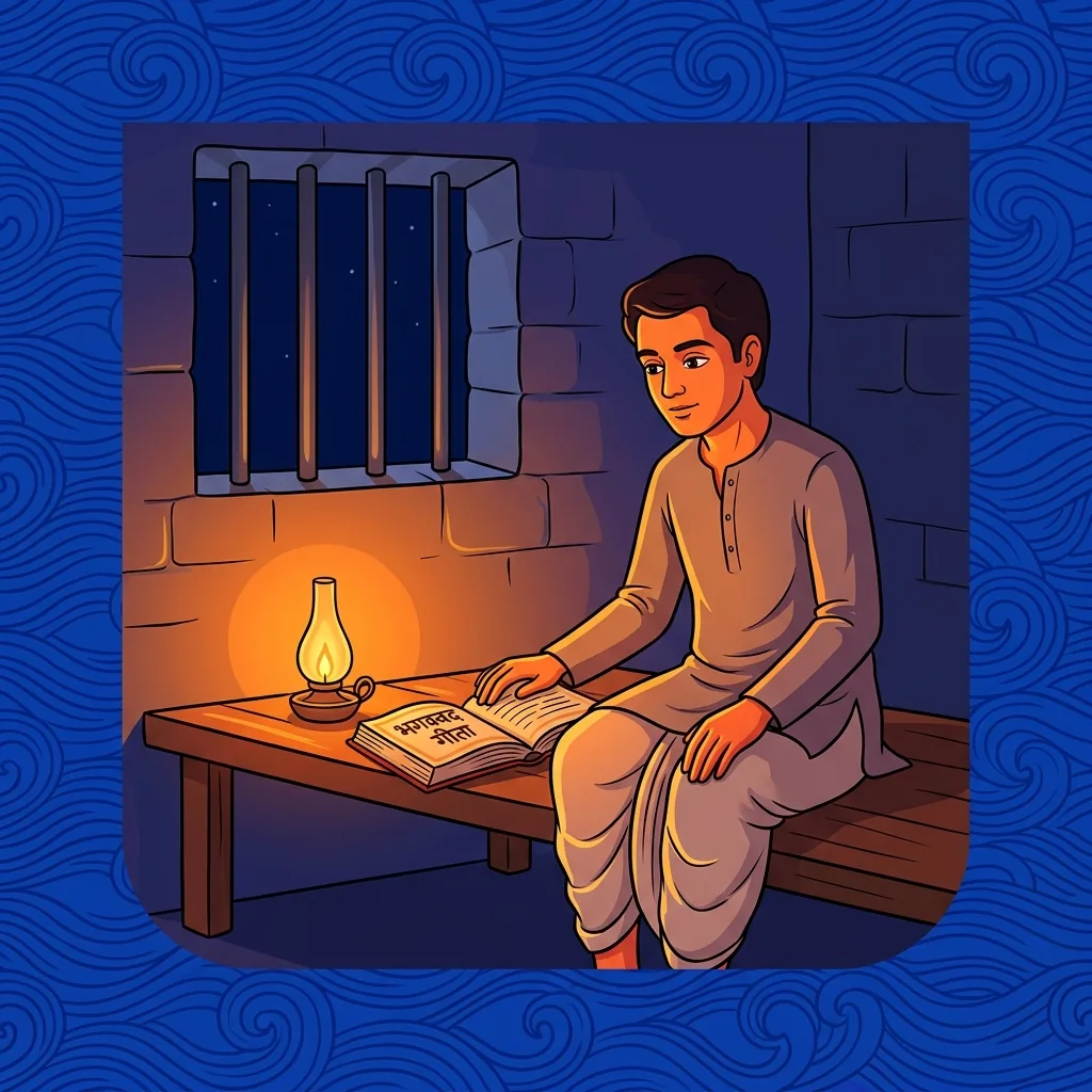A young man sits in a prison cell, Gita open on a wooden bench, lamplight steady. No fear on his...