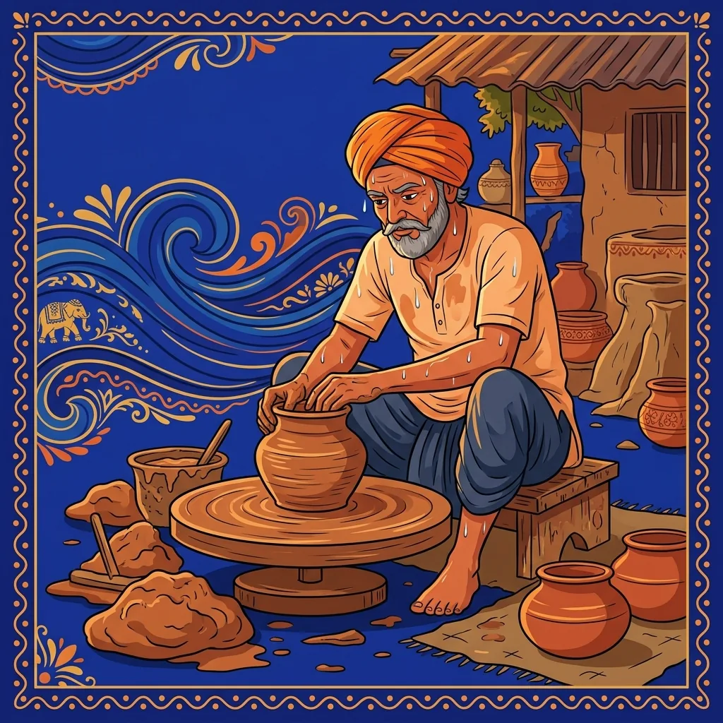 A potter at his wheel in afternoon heat, clay resisting beneath his hands. Sweat runs, the hardsh...