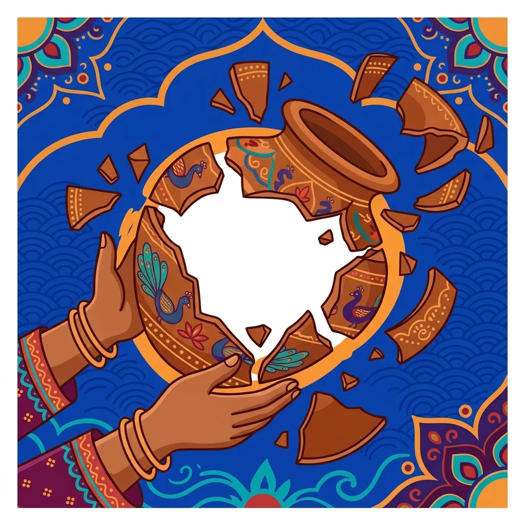 A potter's hands release a clay vessel into shattered pieces; the empty space within remains whol...