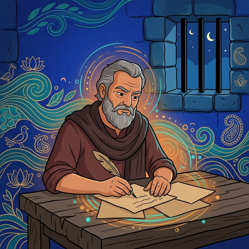 An older bearded man sits at a rough wooden desk in a dim prison cell, quill in hand, pages scatt...