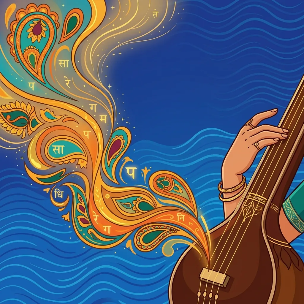 A musician's fingers pluck a tanpura; a raga arises, hangs shimmering in air, dissolves into sile...