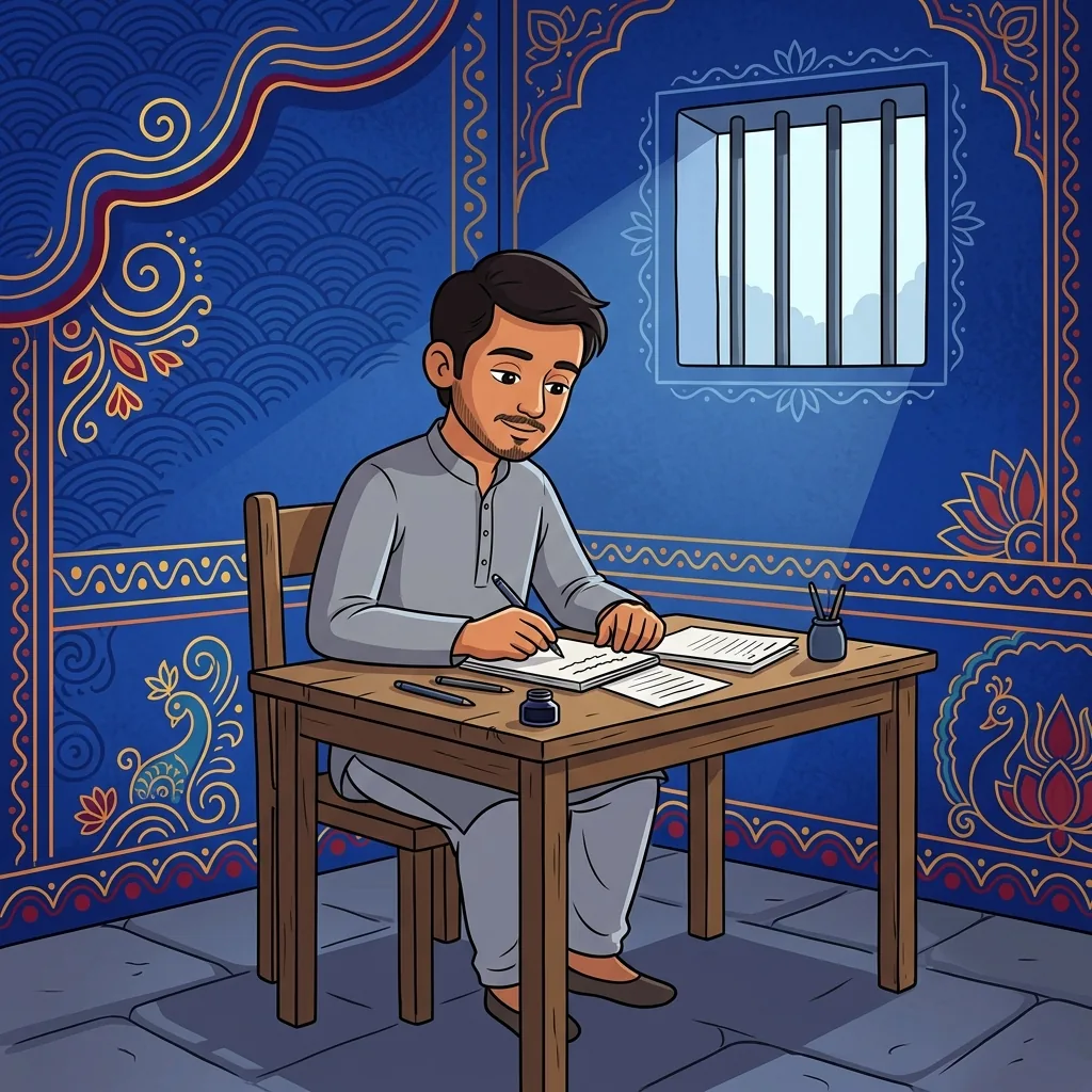 A young man seated at a simple wooden desk in a prison cell, writing by pale window light filteri...