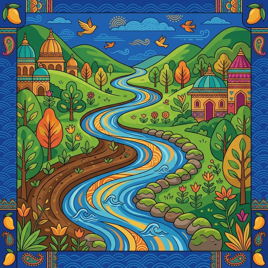 A river flows through a green valley, waters moving with steady purpose, nourishing soil and ston...