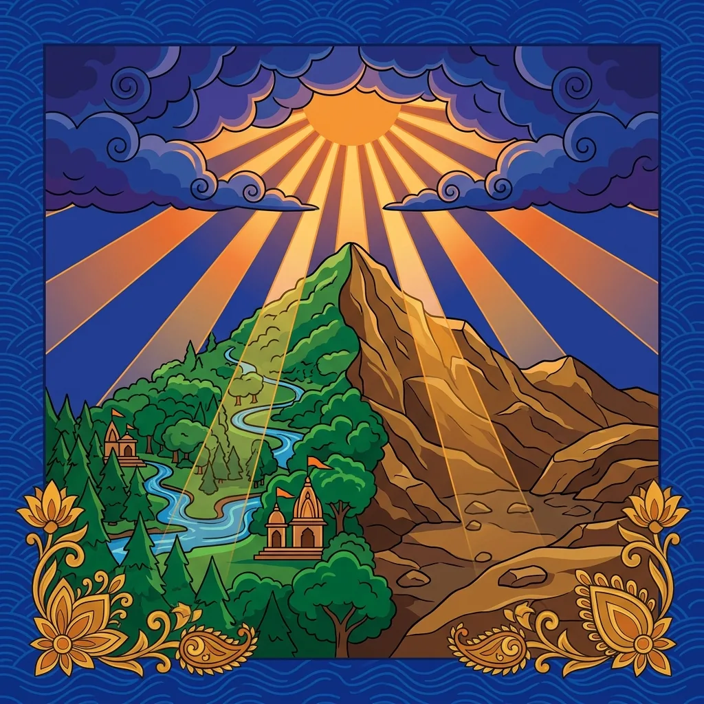 Sunlight breaks through monsoon clouds, illuminating a mountainside equally—rich forest and bare...