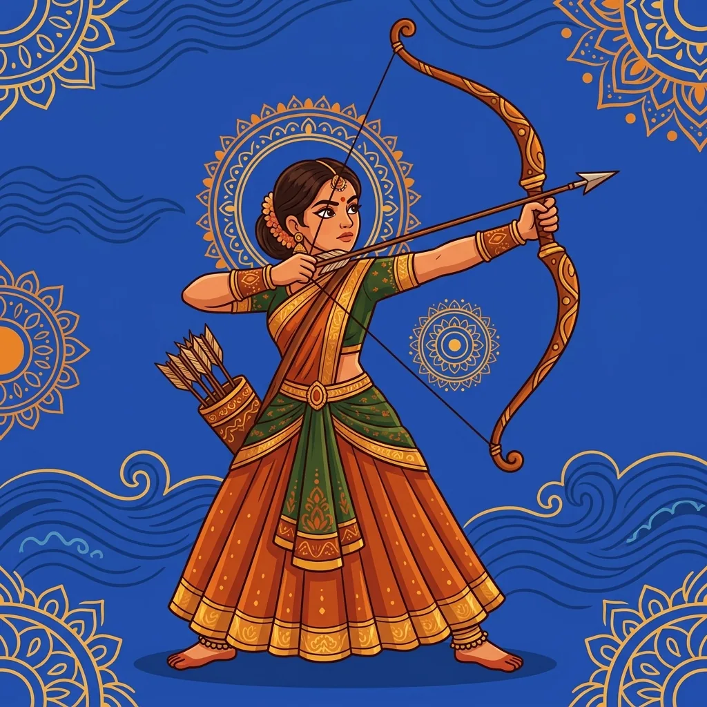 An archer draws the bow with full focus, stance unmovable, arrow nocked at her cheek. Her control...