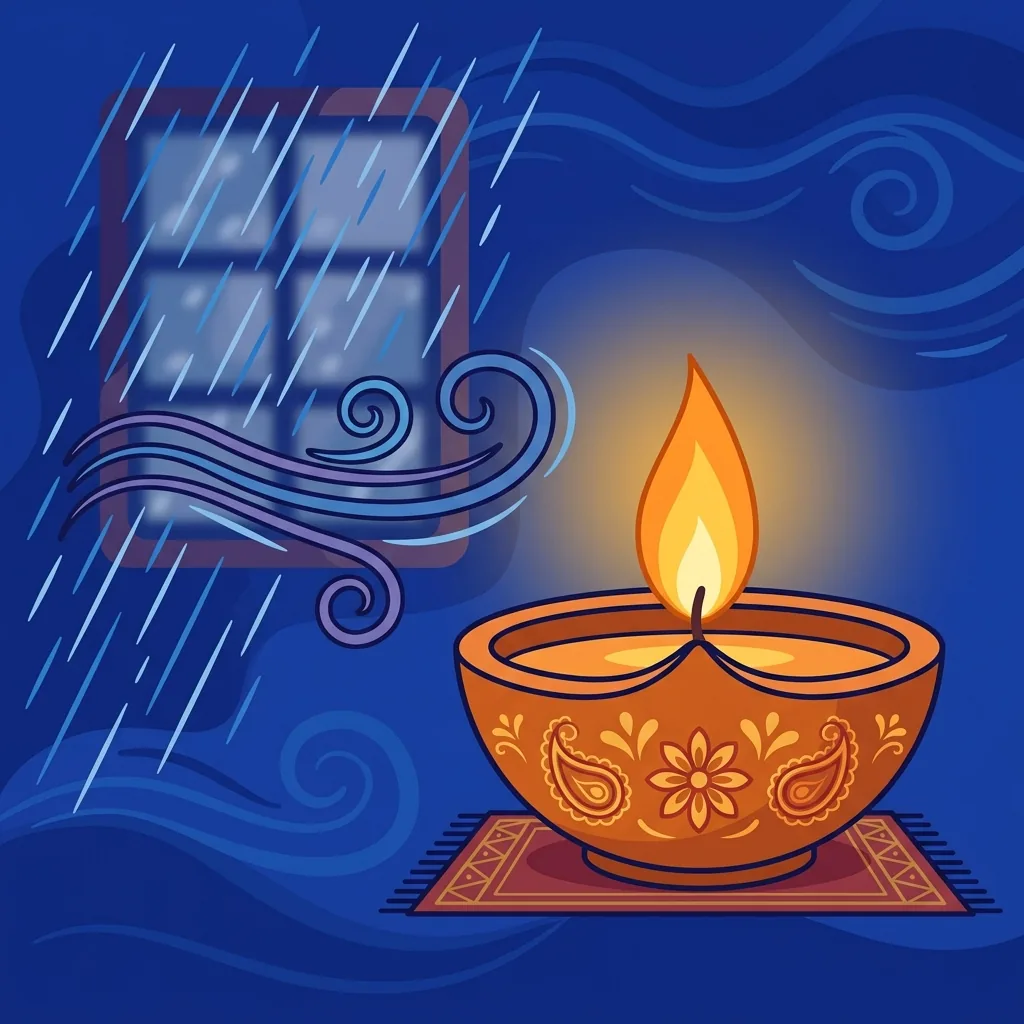 An earthen lamp burning steadily in darkness: wind gusts, rain patters the window, the flame insid...