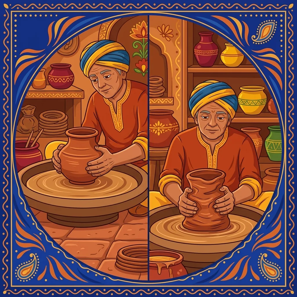 A potter at the spinning wheel: in one instant the clay centers perfectly, in the next it threaten...