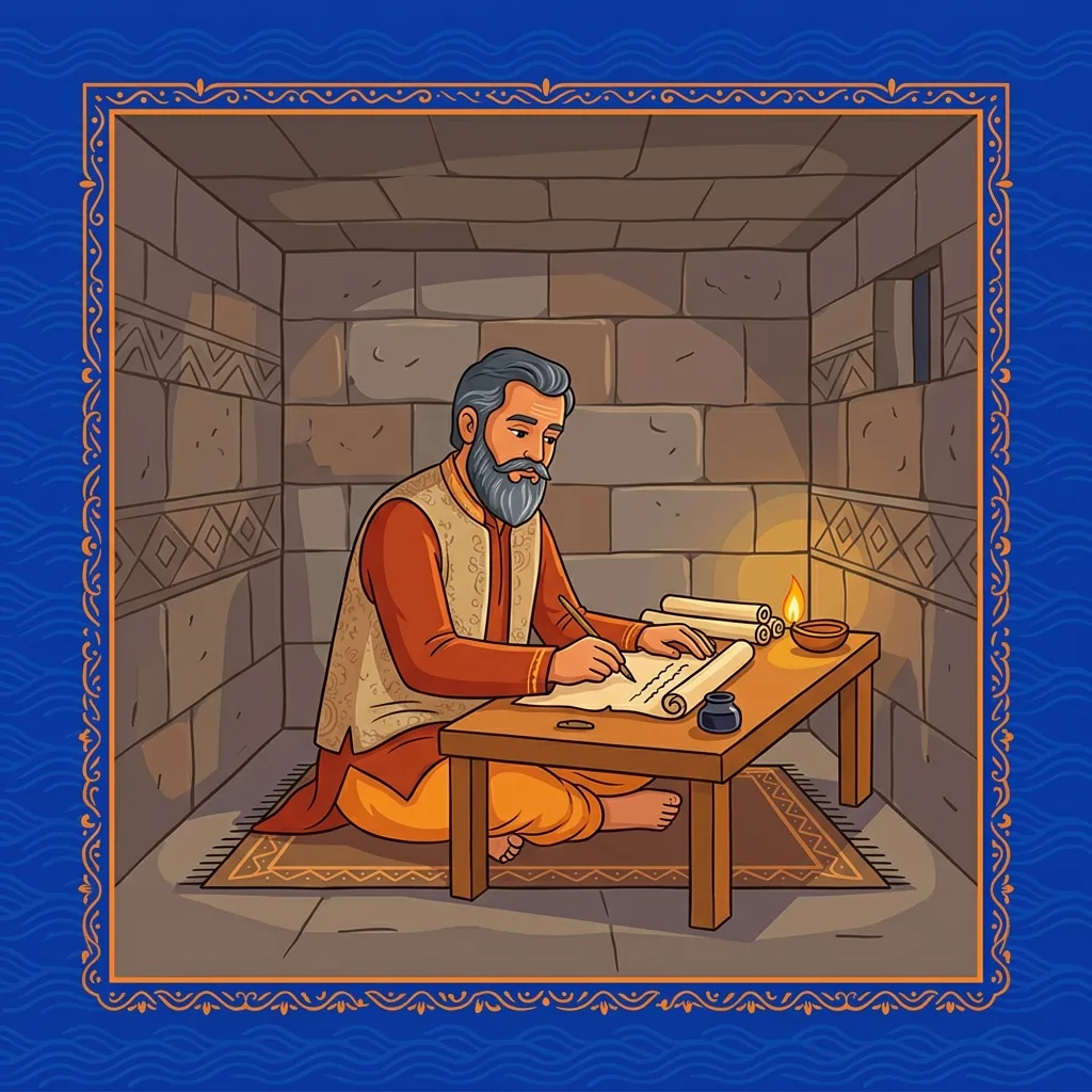 A bearded scholar sits writing at a simple desk in a sparse stone cell: walls confining, outcome b...