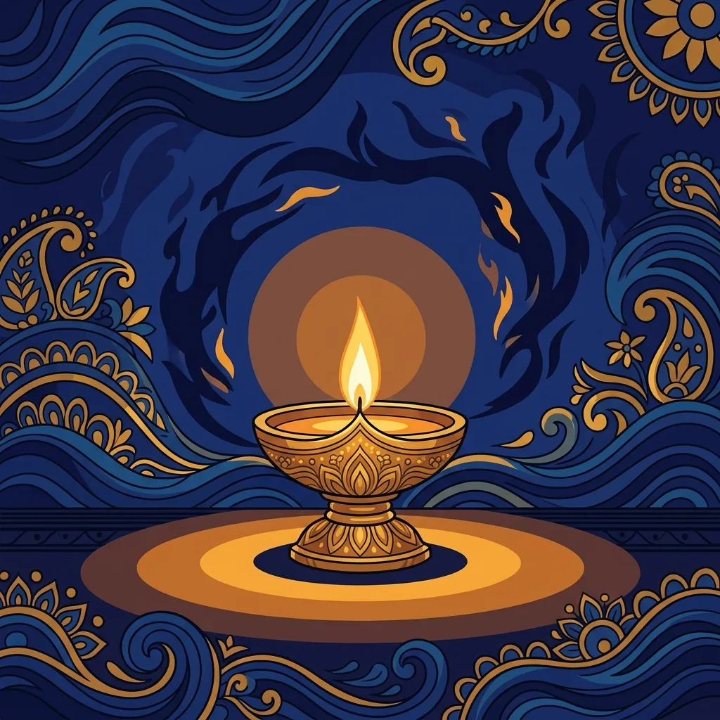 A single oil lamp burns steady in darkness, its flame unshaken by wind around it. Nearby shadows...