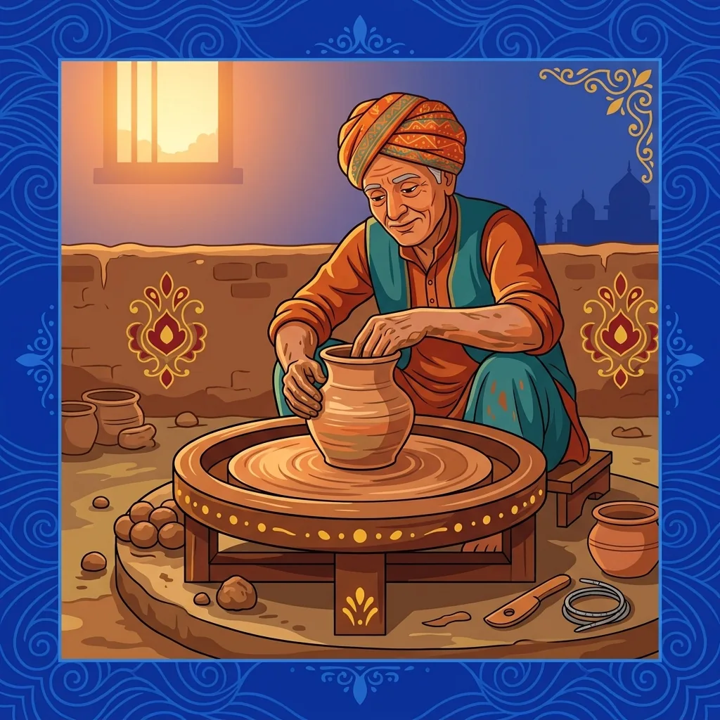 A potter at his spinning wheel shapes clay with both hands, the wheel turning steadily beneath. D...