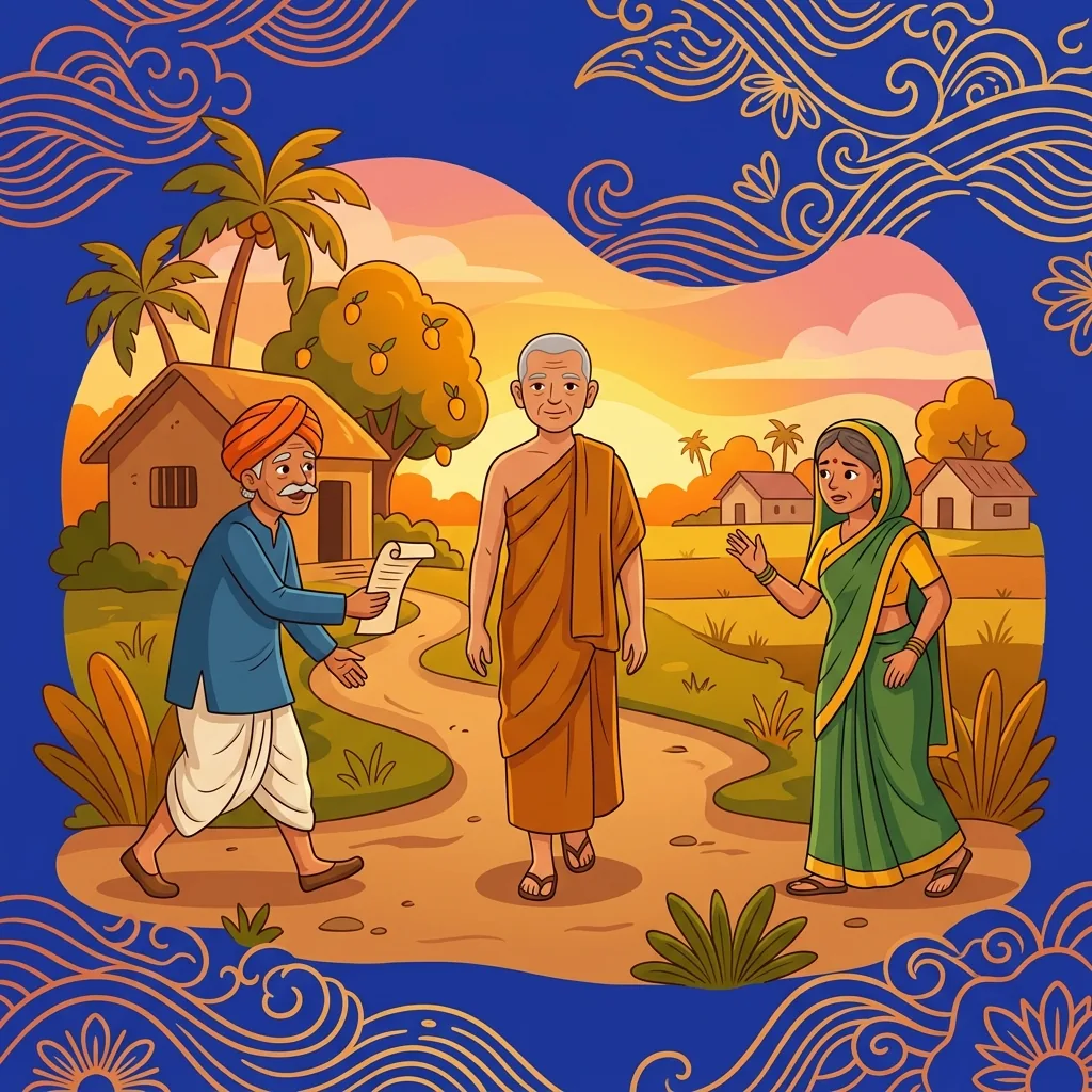 An elderly monk in ochre robes walks a village dirt path at dawn, carrying nothing. Two villagers...
