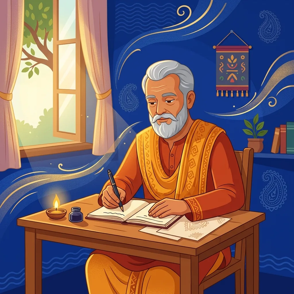 An elderly man seated at a simple desk with pen in hand, fully absorbed in writing. His face is c...