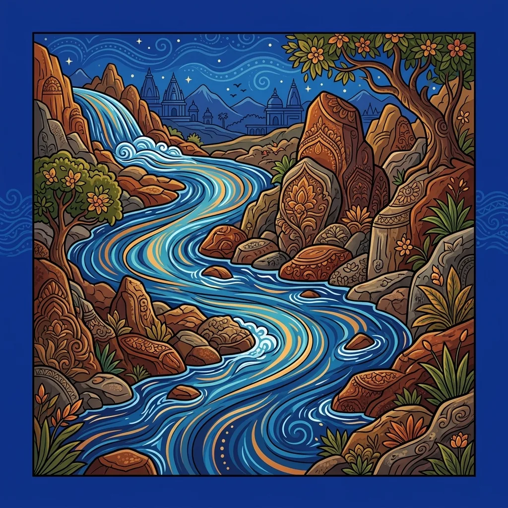 A river flows through rocky terrain, bending around obstacles: stones, bends, depths: never pausing...