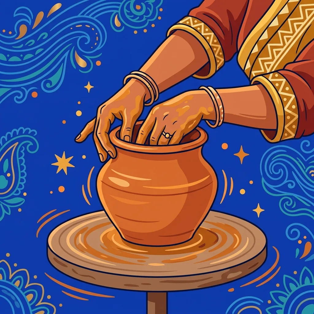 Töpferhände in einer sich drehenden Töpferscheibe. Finger und Daumen formen das Gefäß von INNEN heraus ...