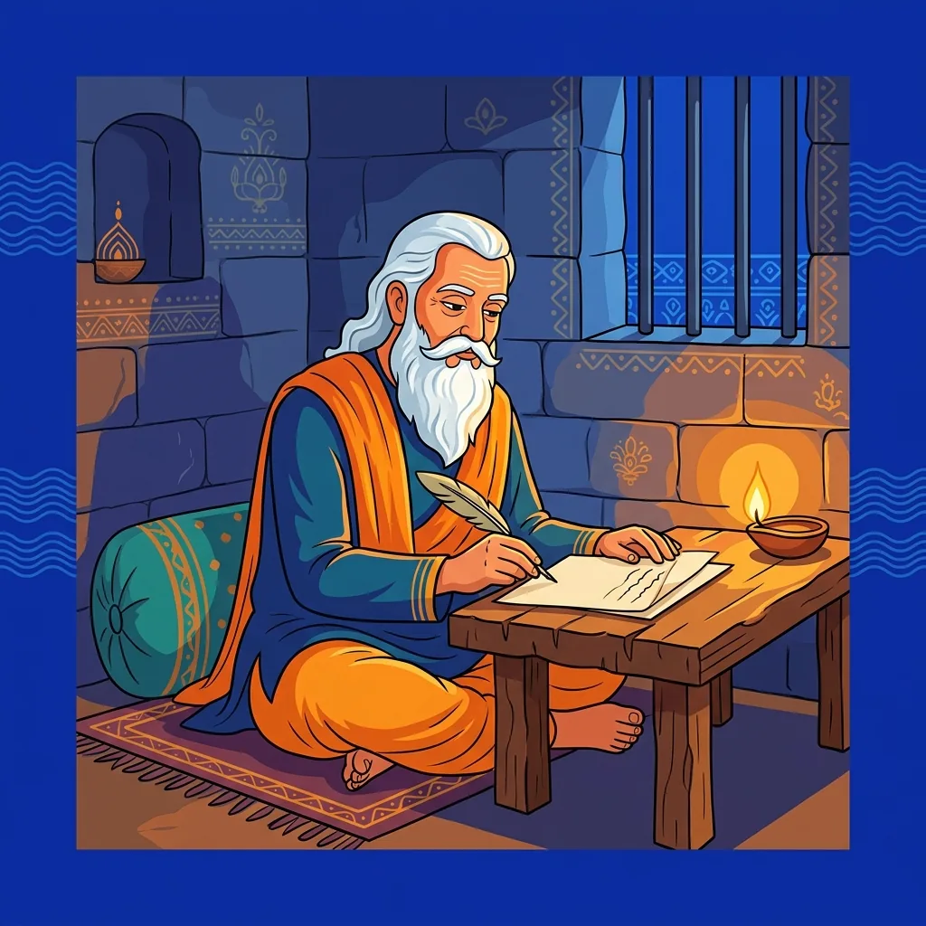 Ein älterer Gelehrter bei Kerzenlicht in einer Gefängniszelle, Feder in der Hand, schreibt auf leere Seiten ...