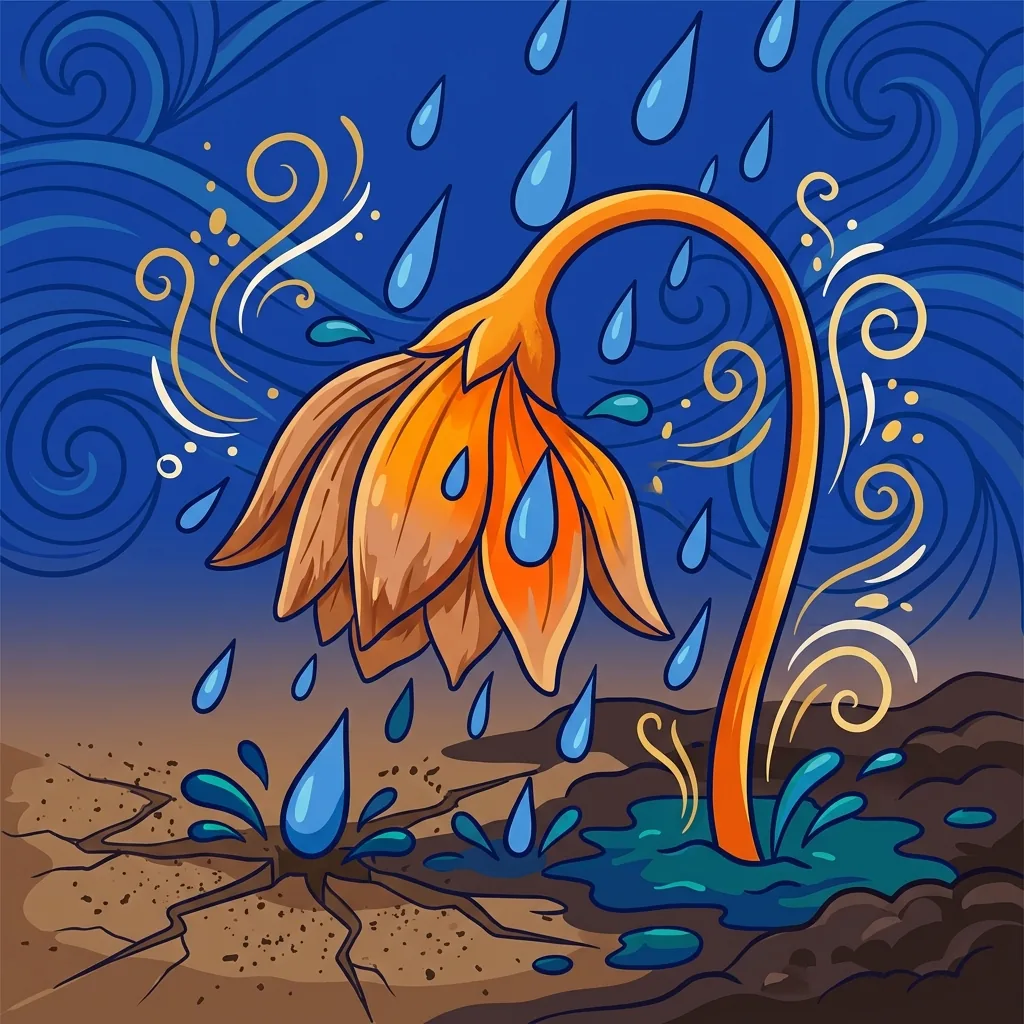 Eine welkende Blume, Blütenblätter verblassend in trockenem Staub. Plötzlich fällt Regen: Wassertropfen, die Farbe kehrt zurück ...