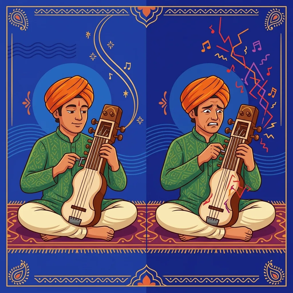 Ein Musiker stimmt eine Sarangi. Der Grundton fest und rein. Dann: Der Stimmwirbel gleitet ab, die Note ...