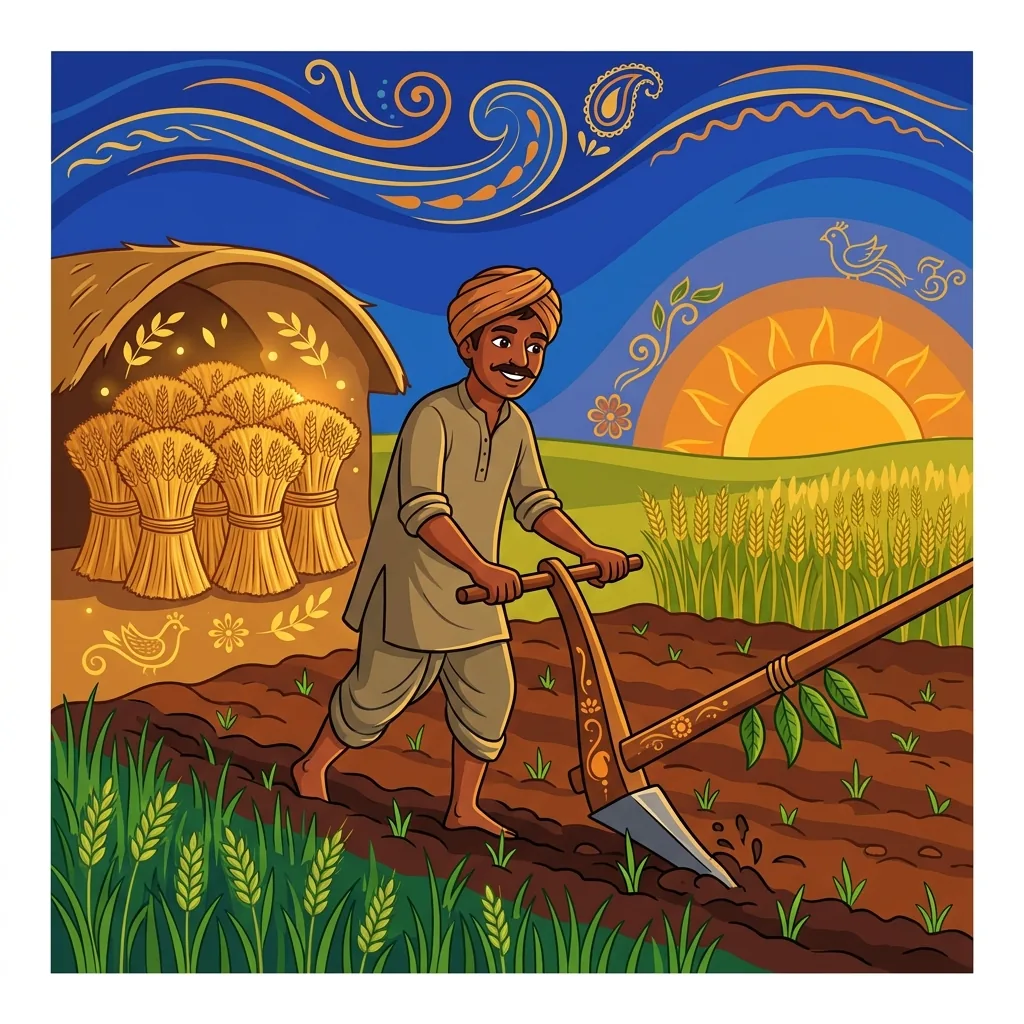 A farmer at dawn in wheat fields, hands steady on the plow. Behind, bundled grain sheltered safe;...