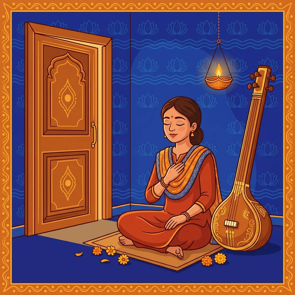 A young woman in a simple devotee's room, eyes closed in chanting, tanpura beside her. Not renoun...