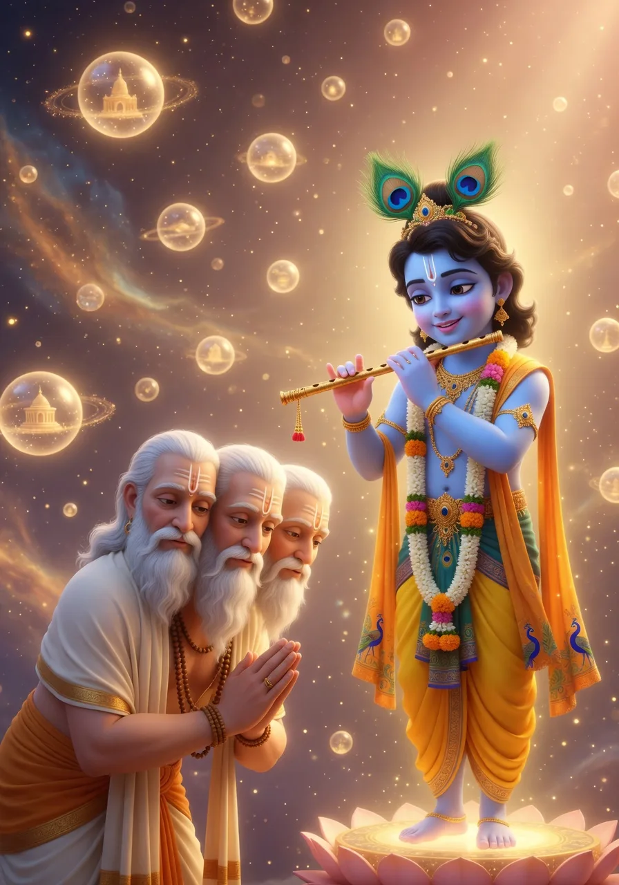 Chaar-mukh Bhagwan Brahma haath jode Bhagwan Krishna ke aage vinamrata se jhuke, cosmic doori mein anginat doosre brahmand chamakte hue