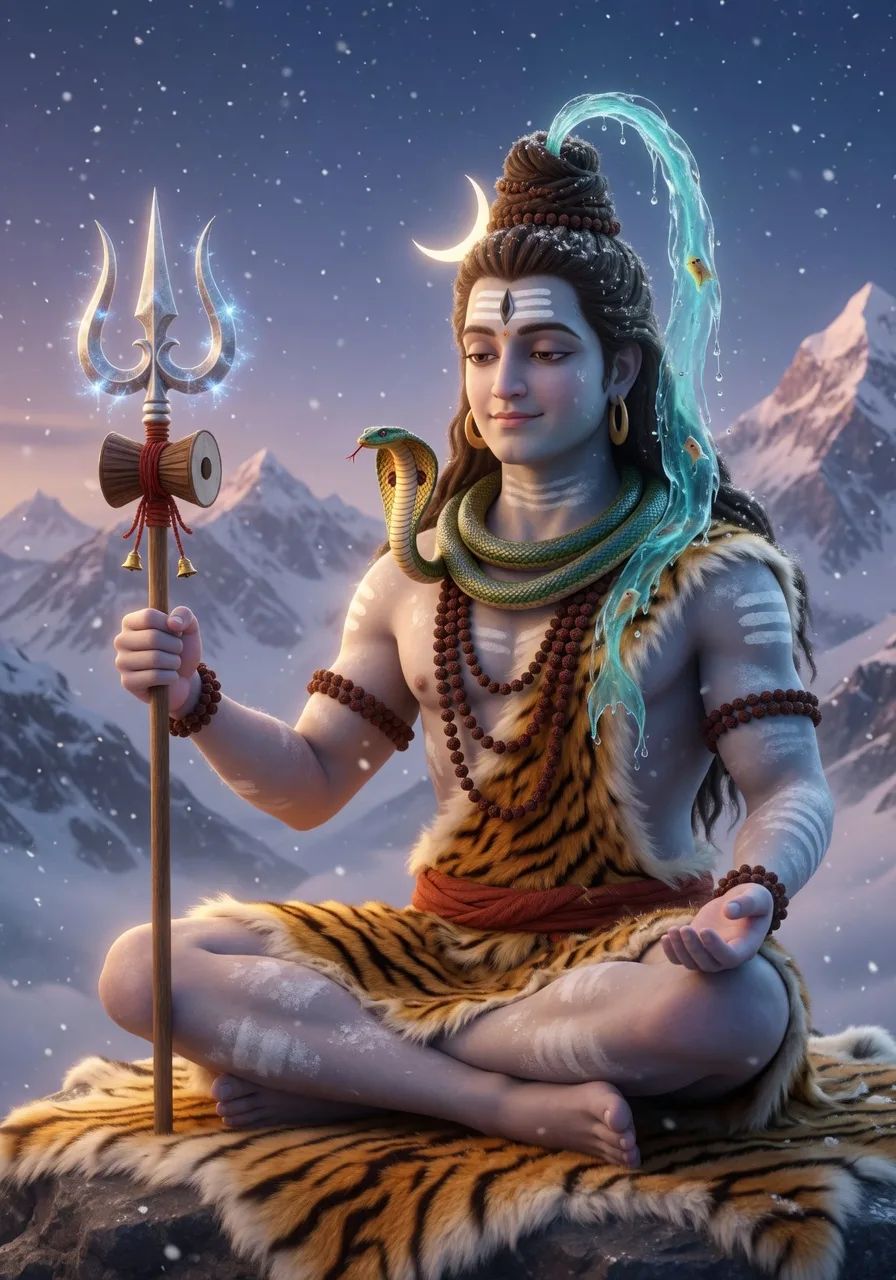 Bhagwan Shiva shaant dhyaan mein, nile-kanth karunamay Bhagwan jo sab ko sharan dete hain, jata mein Ganga aur ardha-chandra, gale mein naag