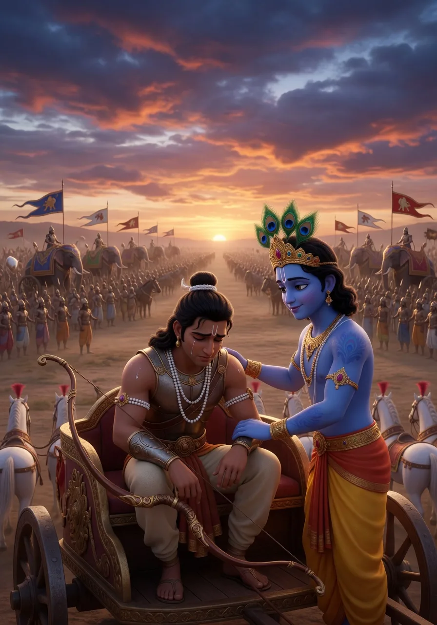 The warrior Arjuna sitting dejected on his chariot, his bow Gandiva slipping from his hand, overwhelmed at the start of the battle