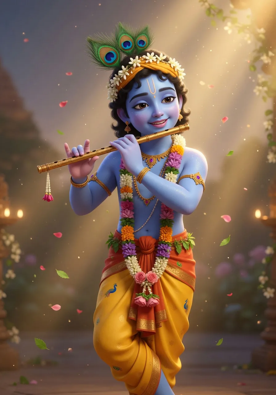 Lord Krishna in his original two-handed form, blue-skinned and gentle, playing the flute, the personal form of God who asks only for our love and surrender