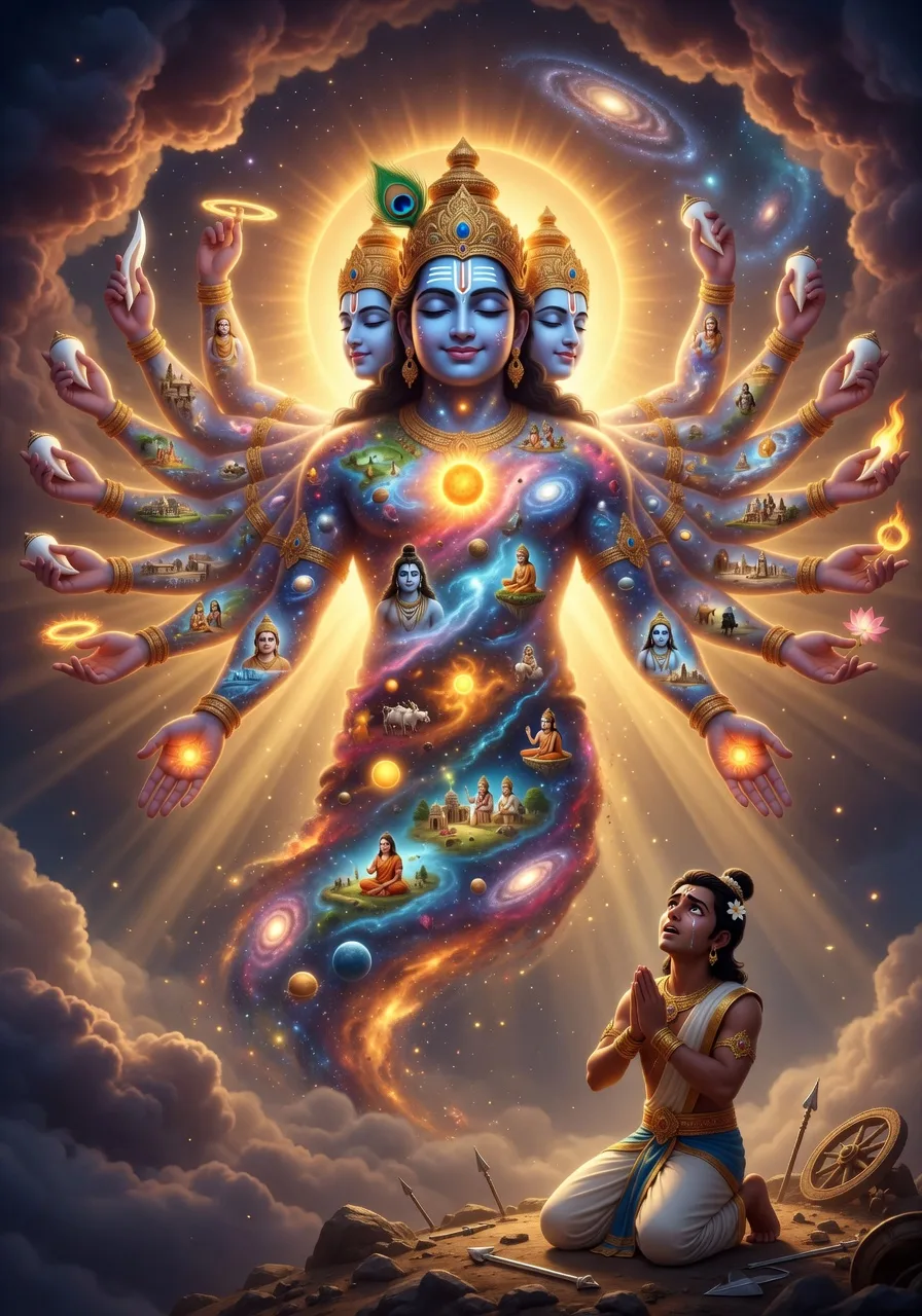 Lord Krishna revealing his cosmic universal form, the Vishwarupa, to the awe-struck Arjuna, countless worlds and beings within his vast radiant body