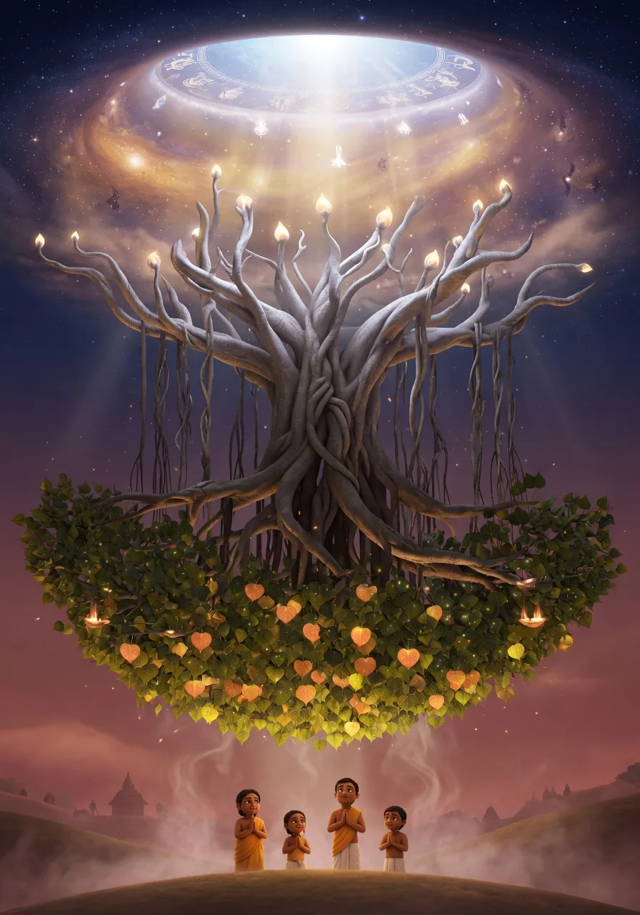 The cosmic inverted banyan tree of the material world, its roots growing upward and its branches spreading downward, a reflection of the spiritual realm