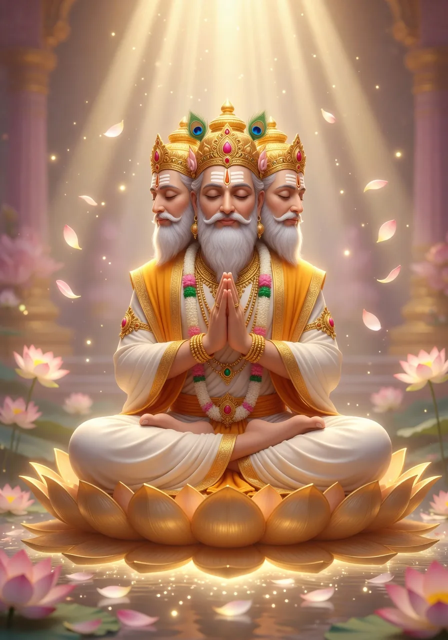Chaar-mukh Bhagwan Brahma kamal par gehre dhyaan mein, jinpe upar se Bhagwan ki kripa ka komal divya prakaash utarta hua