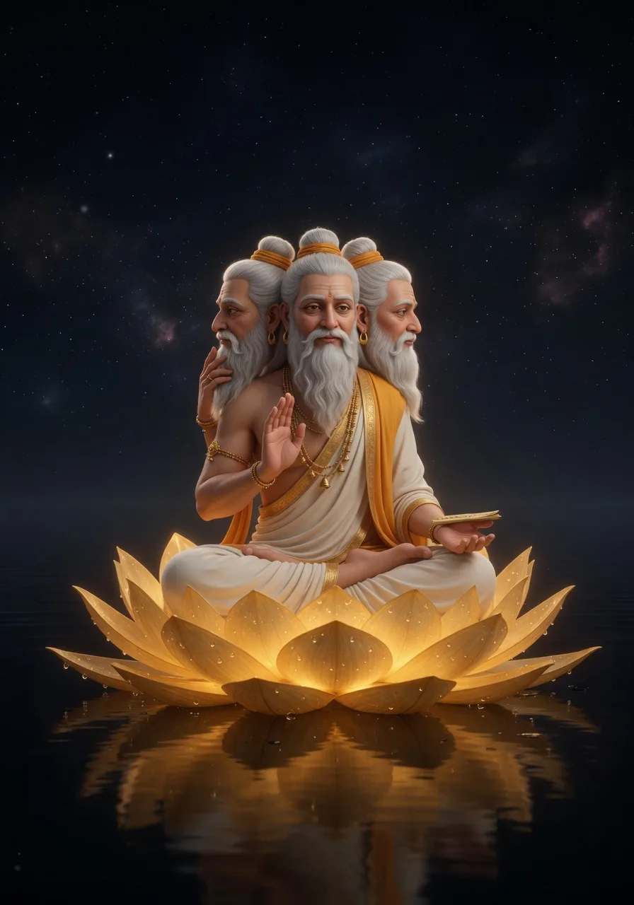Chaar-mukh Bhagwan Brahma vishaal kamal par baithe, srishti ke aarambh mein charon or andhkaar se ghire hue