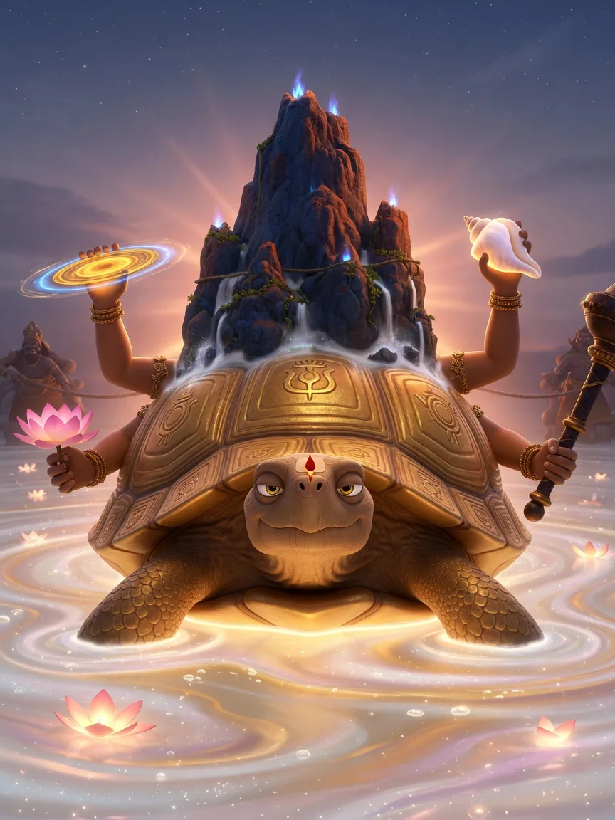 Lord Kurma, the divine tortoise, supporting Mount Mandara on his back in the ocean of milk during the great churning