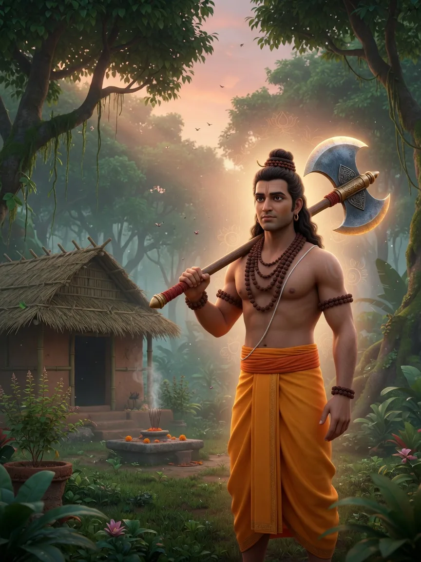 Lord Parashurama, the warrior-sage, holding his great axe in a forest hermitage at dawn