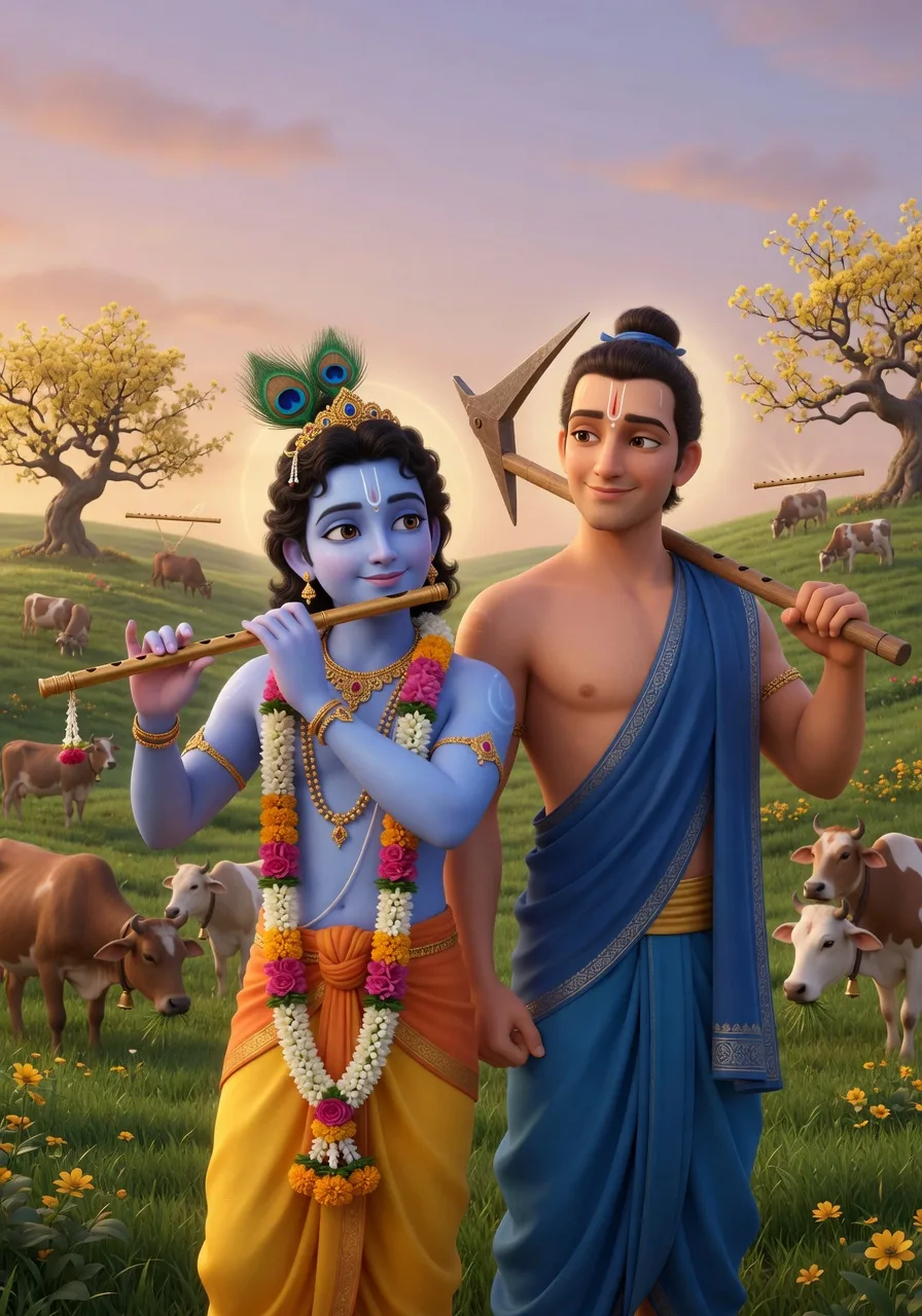 Lord Krishna with his brother Balarama in the pastures of Vrindavan, Krishna playing the flute and Balarama holding his plough