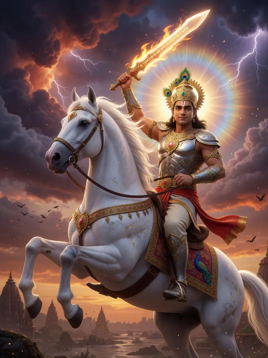 Lord Kalki, the future avatar, a radiant warrior raising a blazing sword on a white horse against the storm at the end of the age