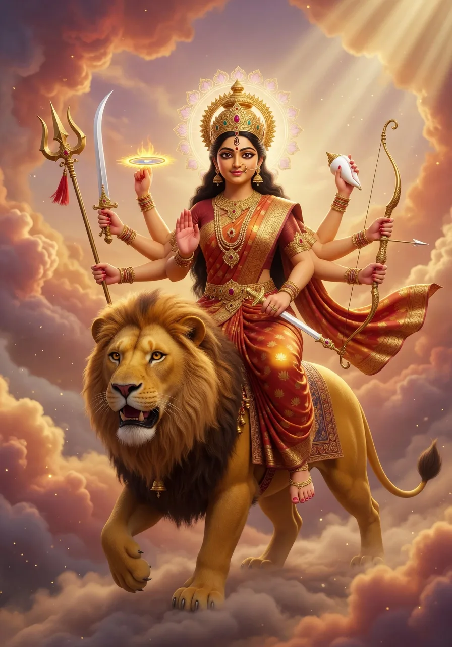 Goddess Durga, the powerful and beautiful mother, riding her lion and bearing many weapons in her many arms, the guardian of the material world