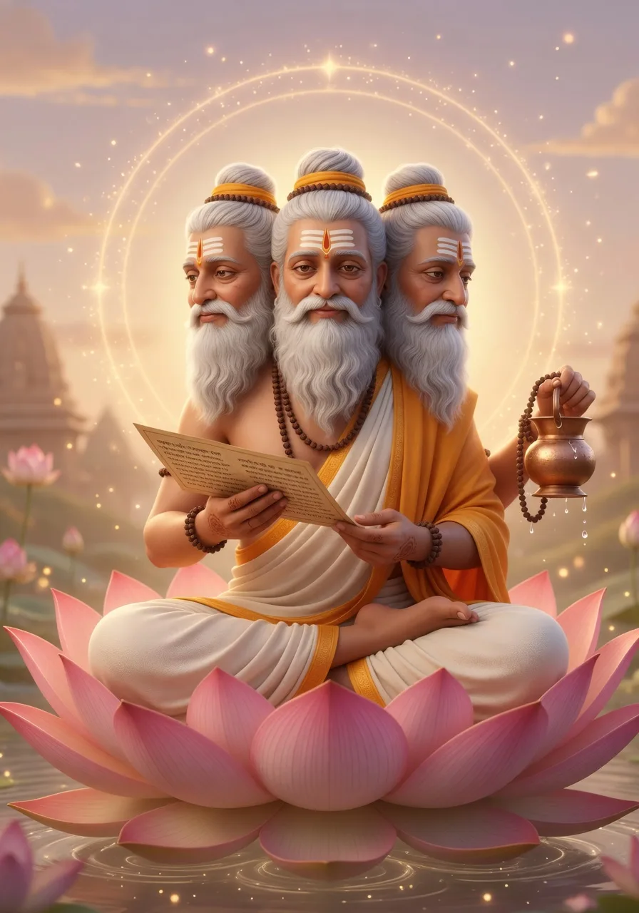 Four-headed Lord Brahma, the secondary creator, seated upon a great lotus, holding the Vedas, surrounded by a soft golden light