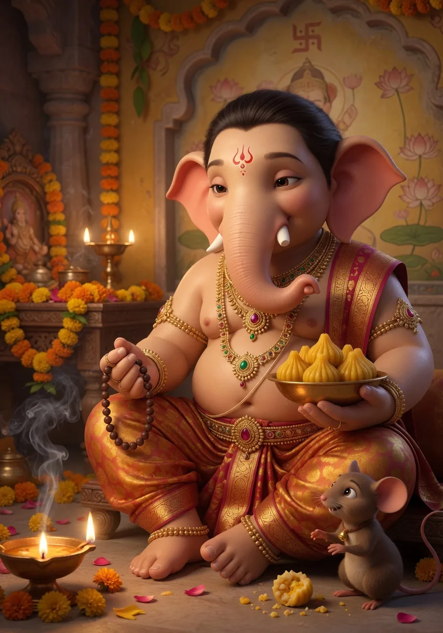 Lord Ganesha, the lovable elephant-headed remover of obstacles, holding sweets, his small mouse companion beside him, seated in a softly lit shrine