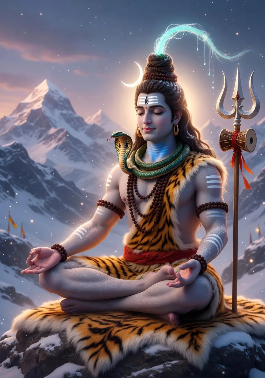 Lord Shiva seated in deep meditation on Mount Kailash, the great compassionate Mahadeva and supreme devotee, the Ganga flowing from his hair and a serpent at his neck
