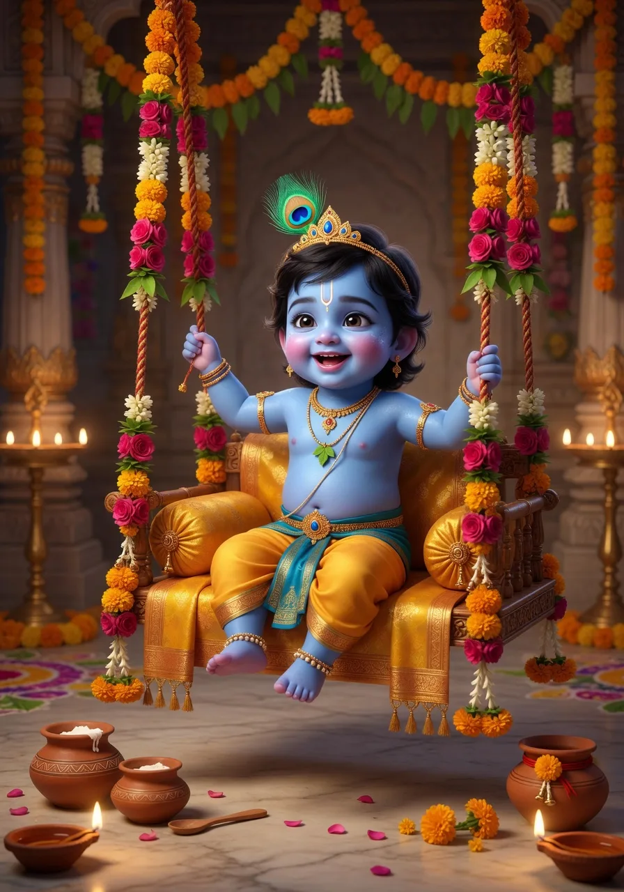 The child Krishna, Bal Gopal, seated on a flower-decorated swing for Janmashtami