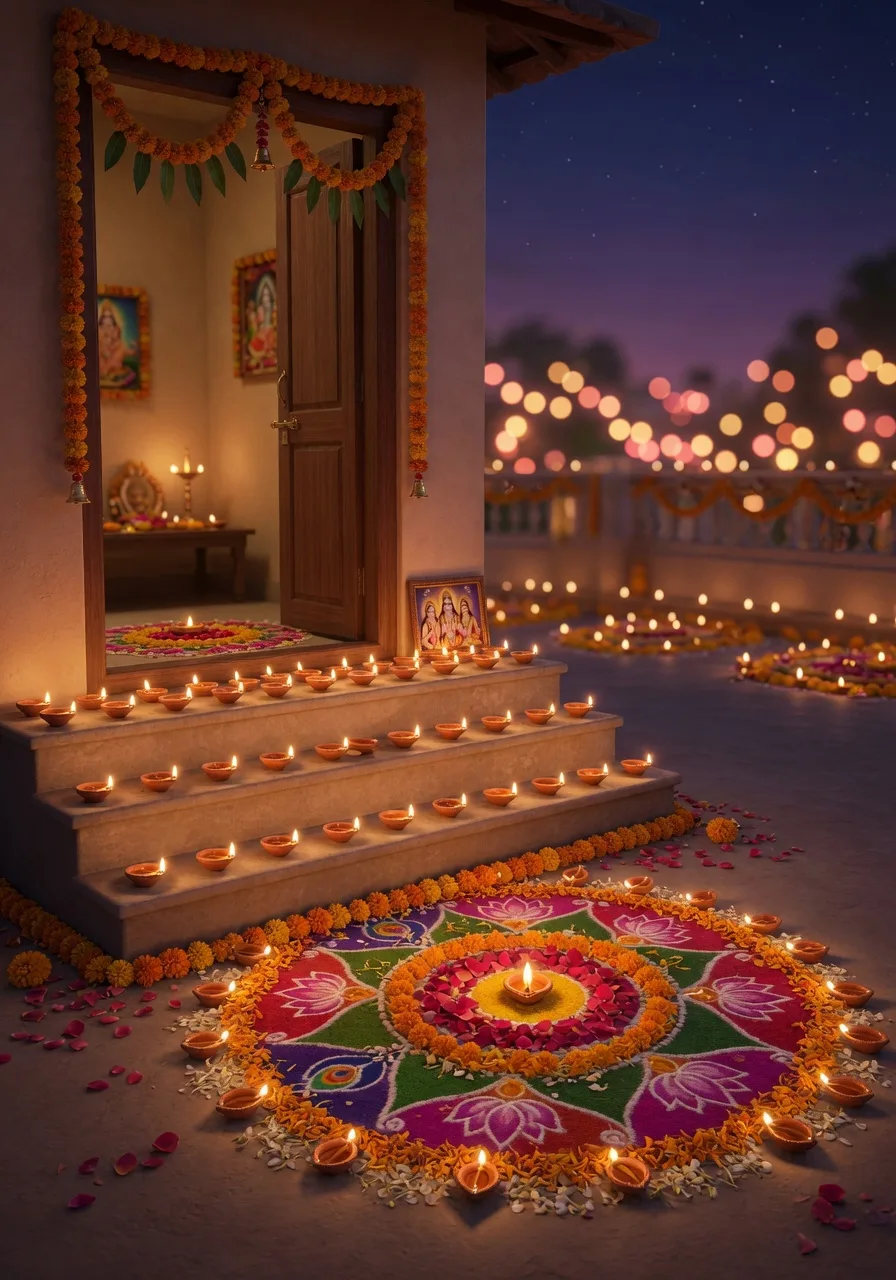A row of glowing clay diyas with a colourful rangoli, lit to welcome Lord Rama home on Diwali