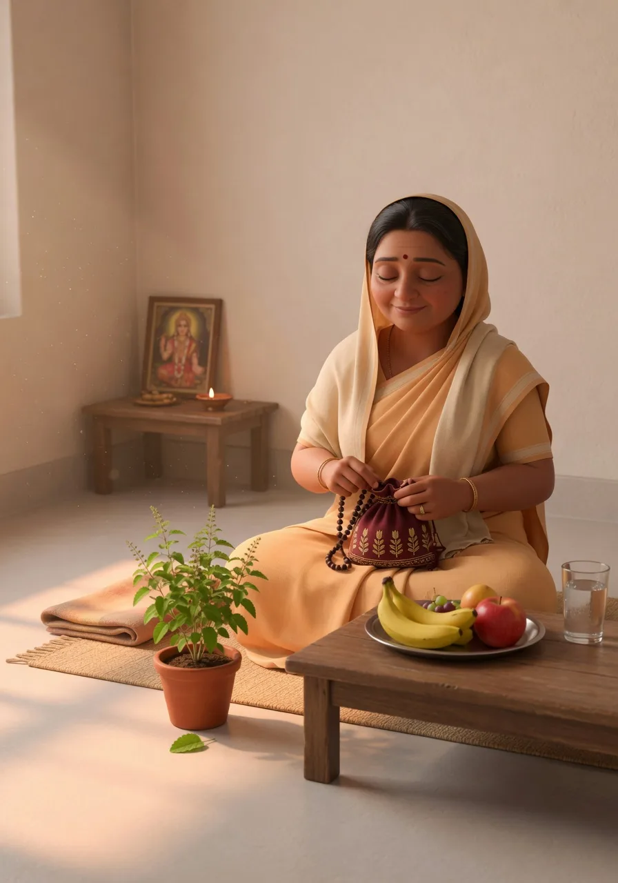 A devotee chanting on japa beads beside a simple plate of fruit, keeping the Ekadashi fast