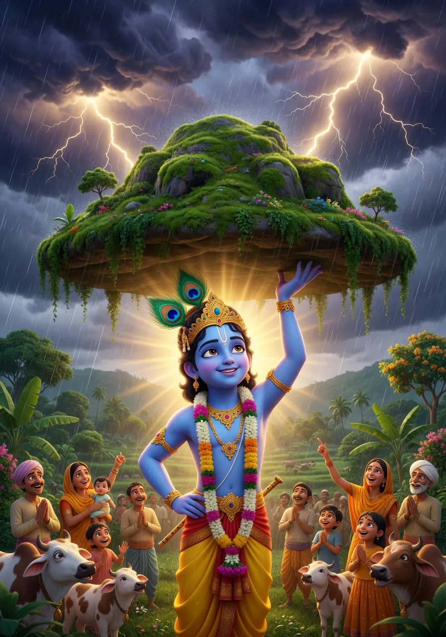 Lord Krishna lifting Govardhana Hill on the little finger of his left hand, sheltering the cowherds and cows from Indra's storm
