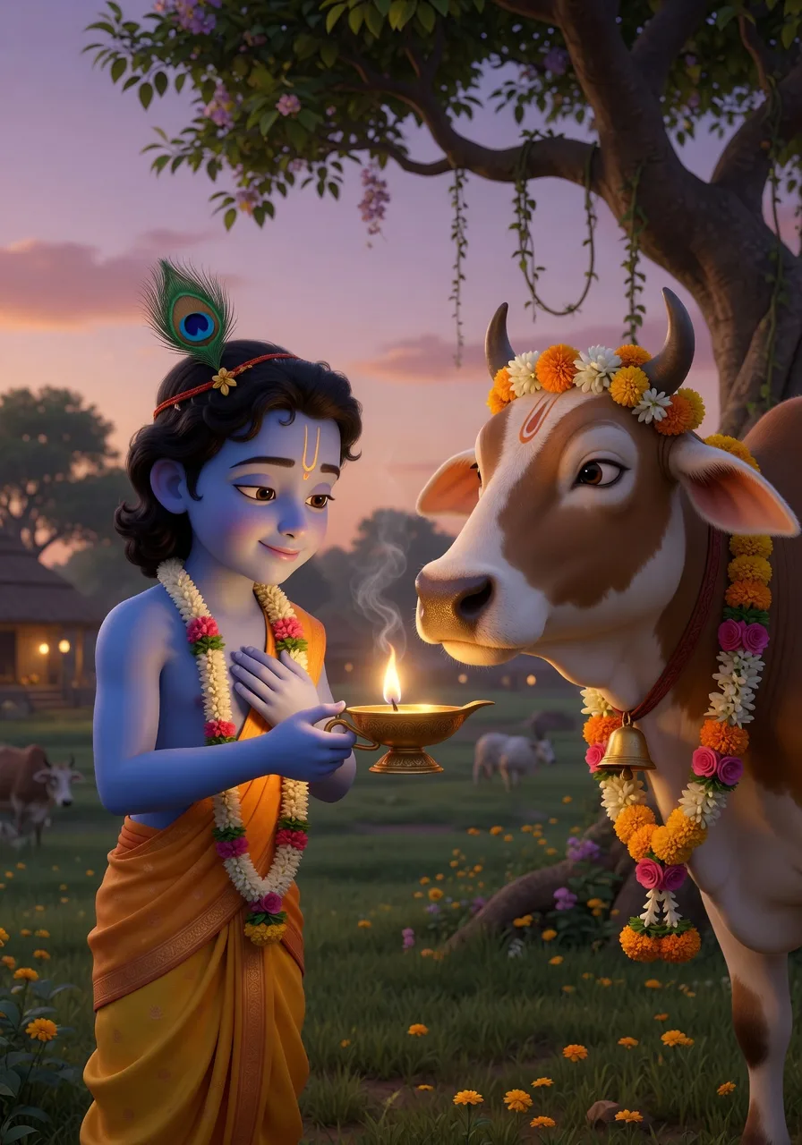 Bhagwan Krishna prem se ek komal, mala-pehne gau ki Vrindavan mein ghee-deepak se arati karte, Gaumata ko bhakti se sammaanit karte