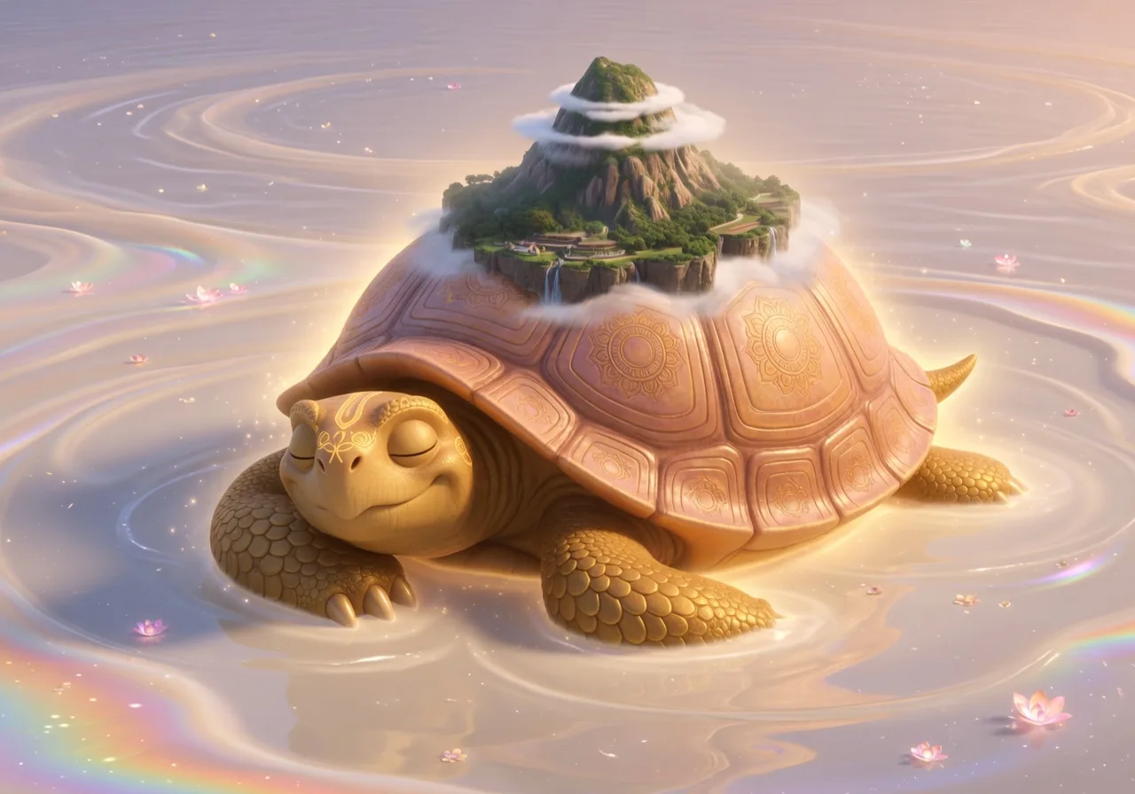 Lord Kurma, the giant divine tortoise, resting peacefully in the cosmic ocean bearing the great Mandara mountain upon his shell